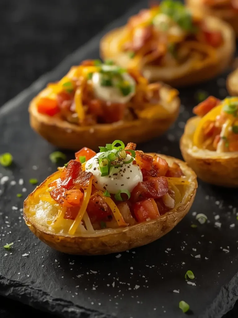Crispy loaded potato skins with melted cheddar cheese, crumbled bacon, and fresh green onions on a rustic wooden board