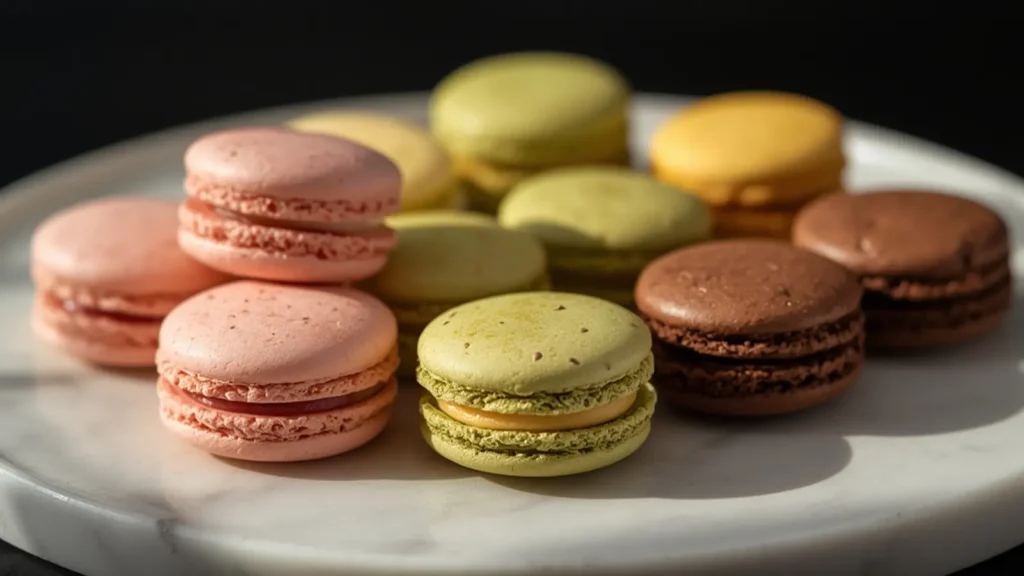 Macarons: Colorful pastel French Macarons arranged on a marble platter for Easter dessert.
