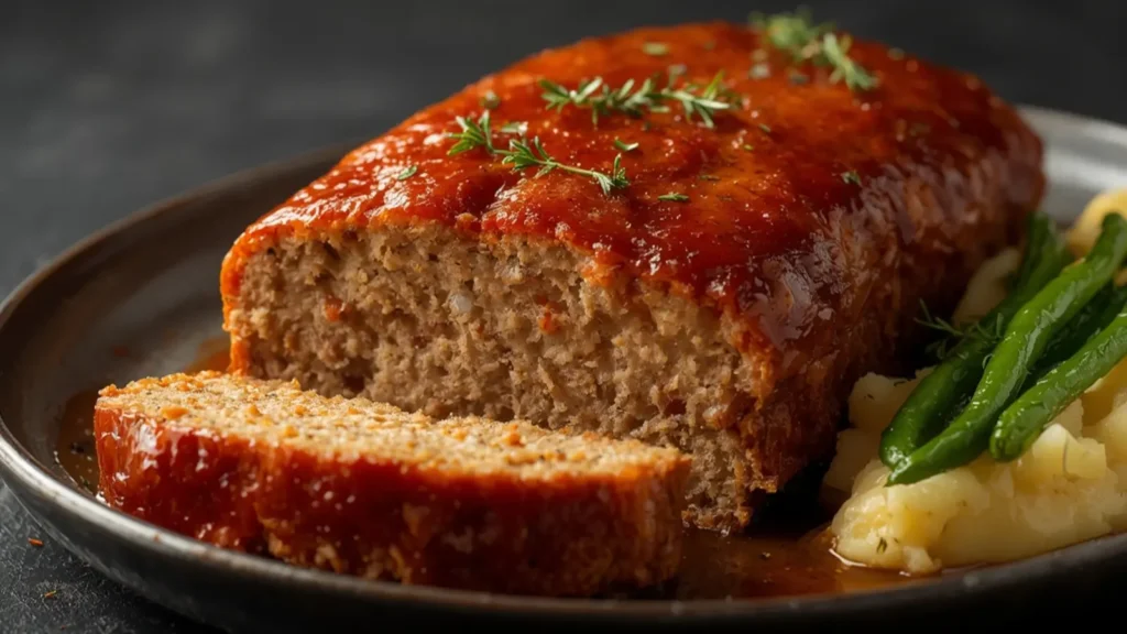 Meatloaf: Juicy slice of classic Meatloaf with glaze served with mashed potatoes.