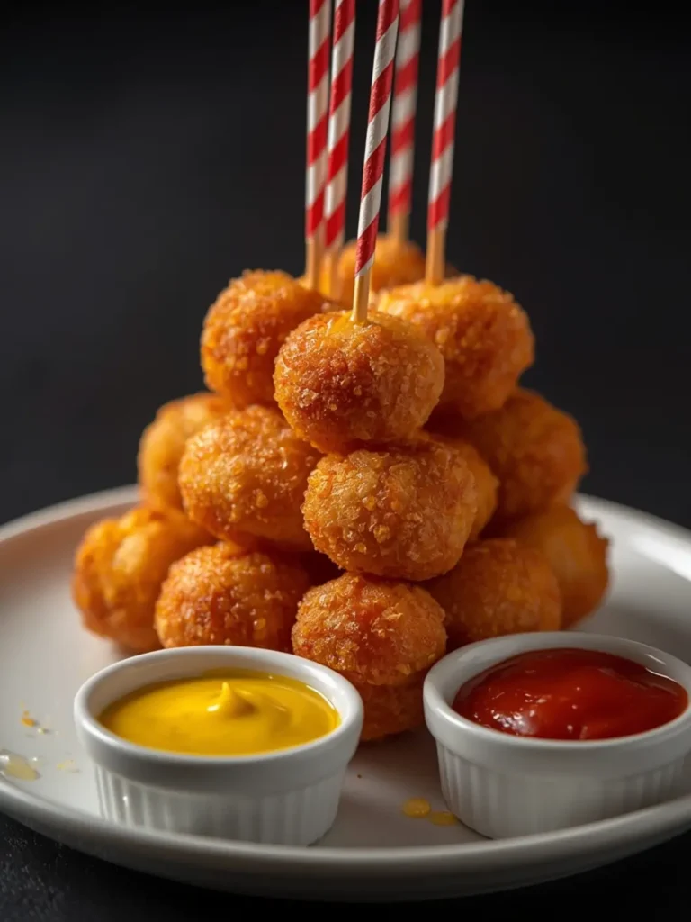 Crispy golden-brown mini corn dogs on wooden skewers with melted butter drizzle, served with dipping sauces on a rustic wooden board.