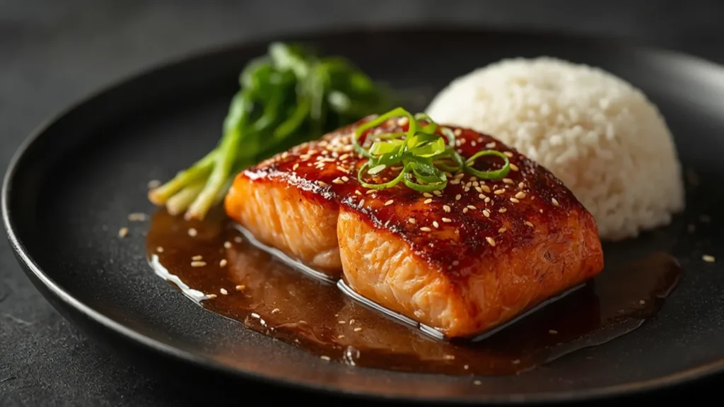 Miso Salmon: Pan-seared miso glazed salmon fillet garnished with green onions and sesame seeds on a white plate.