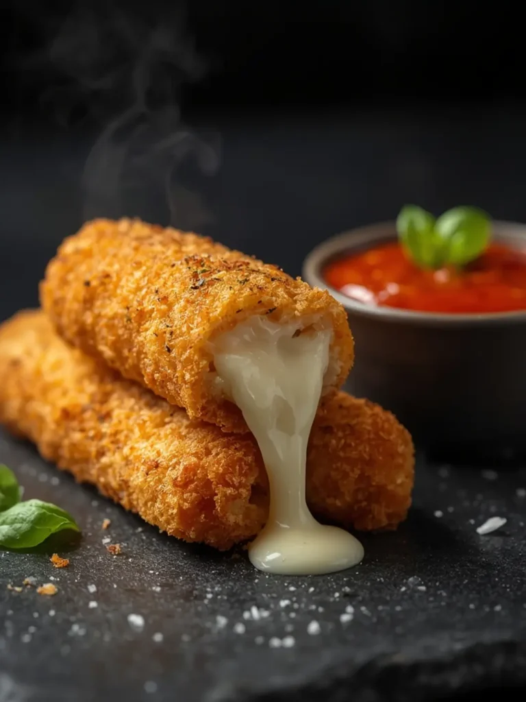 Golden-brown crispy mozzarella sticks with melted cheese oozing from the ends, arranged on a dark serving platter with marinara dip