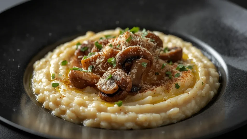 Mushroom Risotto: Creamy Mushroom Risotto served in a white ceramic bowl, garnished with parsley and parmesan.