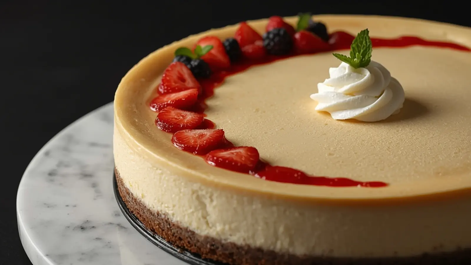 New York Cheesecake: Slice of creamy New York Cheesecake with graham cracker crust and strawberry topping.