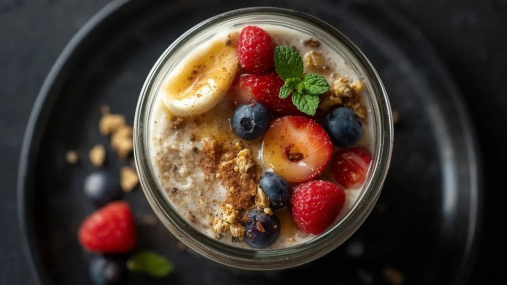 Overnight Oats: Creamy overnight oats in a mason jar topped with fresh berries, a perfect make-ahead breakfast.