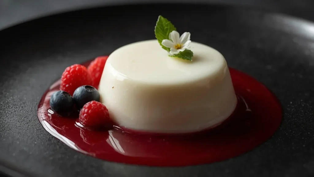 Panna Cotta: Creamy vanilla Panna Cotta dessert in a glass ramekin topped with fresh raspberries and a drizzle of sauce.