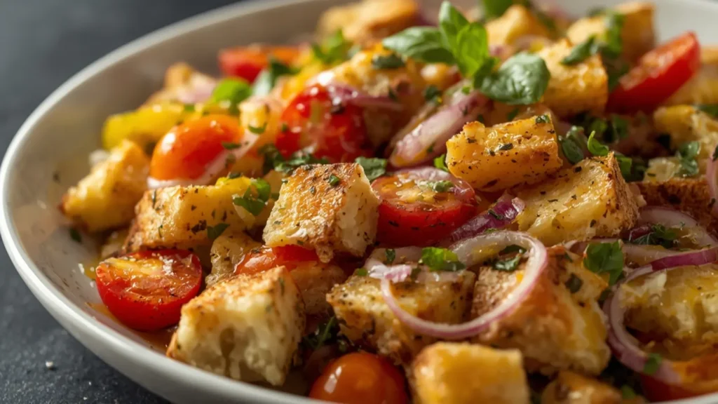 Panzanella: Crispy Panzanella salad with tomatoes and basil in a rustic bowl