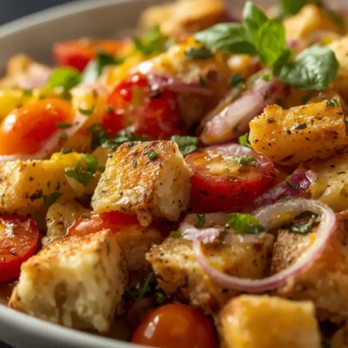 Panzanella: Crispy Panzanella salad with tomatoes and basil in a rustic bowl