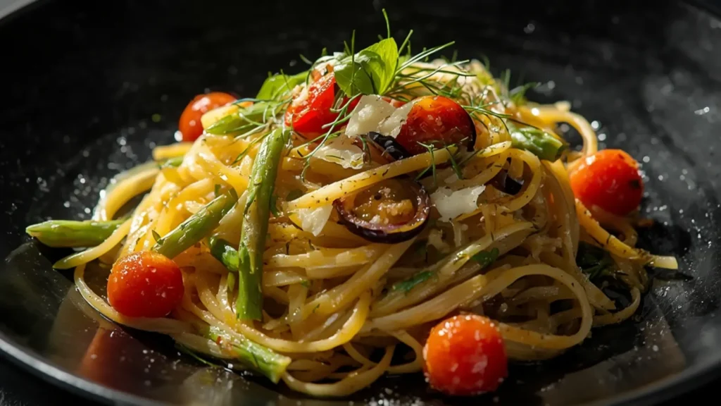 Pasta Primavera: Healthy Pasta Primavera with fresh broccoli, tomatoes, and zucchini in a skillet