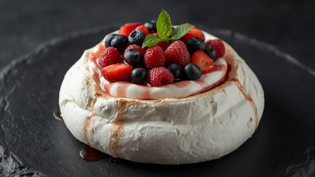 Pavlova: Crispy and fluffy Pavlova dessert topped with fresh whipped cream and berries.