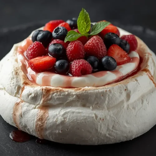 Pavlova: Crispy and fluffy Pavlova dessert topped with fresh whipped cream and berries.