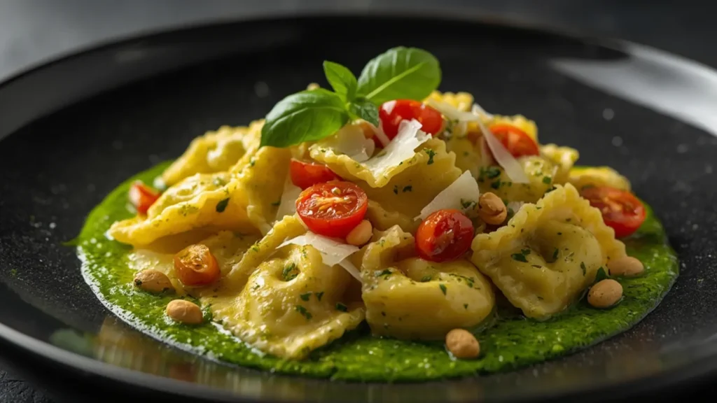Pesto Tortellini: Creamy Pesto Tortellini in a white bowl with fresh basil garnish.