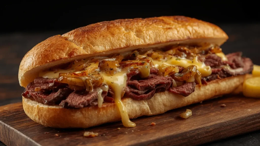 Philly Cheesesteak: Juicy Tender Philly Cheesesteak with melted cheese and peppers on a toasted roll.
