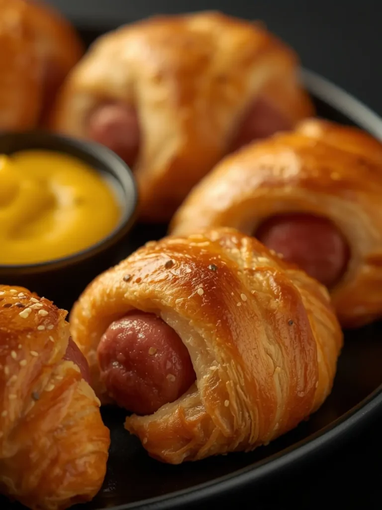 Golden brown pigs in a blanket on a baking sheet with crispy flaky pastry and melted butter sheen, perfect for Appetizers & Party Food
