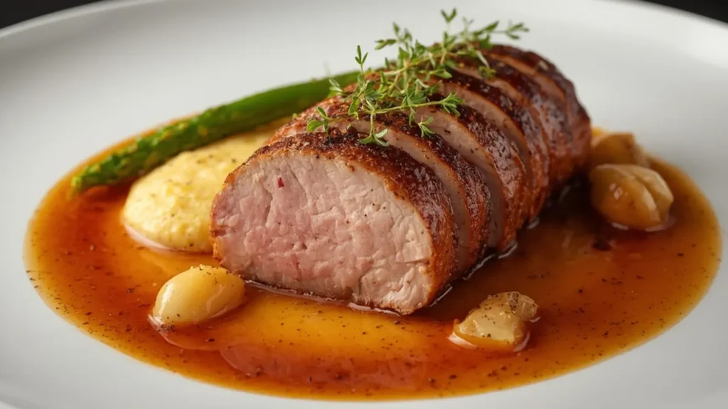 Pork Tenderloin: Juicy garlic roasted Pork Tenderloin sliced on a wooden board, perfect for dinner.