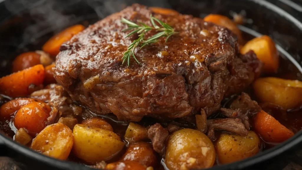 Pot Roast: Tender Instant Pot Pot Roast with carrots and potatoes on a serving platter.