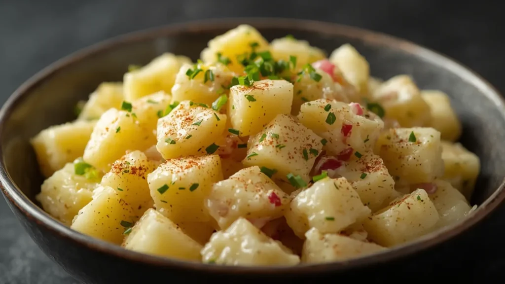 Potato Salad: Warm German Potato Salad with bacon and chives in a white bowl.