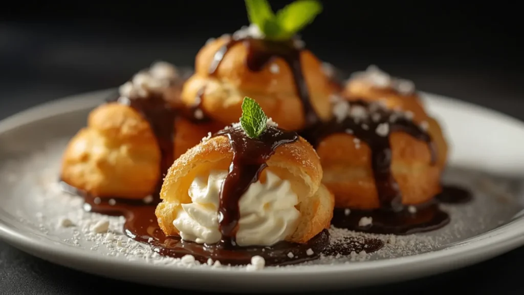 Profiteroles: Golden gluten-free profiteroles filled with creamy yogurt on a wooden board.