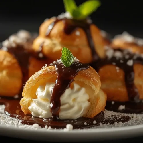 Profiteroles: Golden gluten-free profiteroles filled with creamy yogurt on a wooden board.