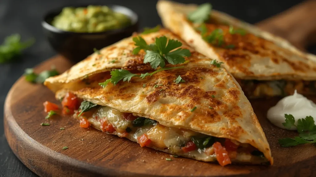 Quesadillas: Crispy golden quesadilla wedges with melted cheese on wooden board.