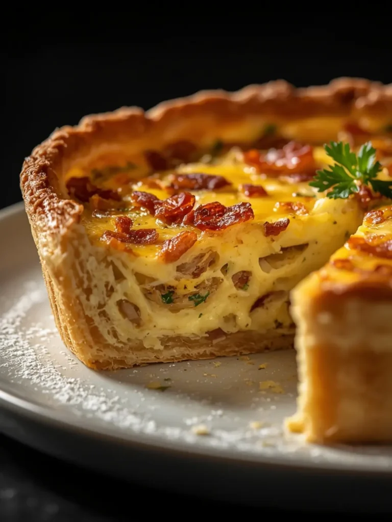 A slice of Golden Crust Quiche Lorraine with creamy custard and bacon on a dark rustic table