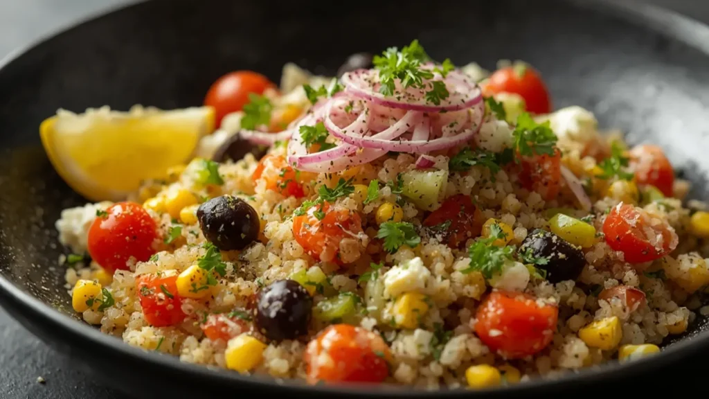 Quinoa Salad: Fresh and healthy Quinoa Salad with chickpeas and vegetables in a white bowl.