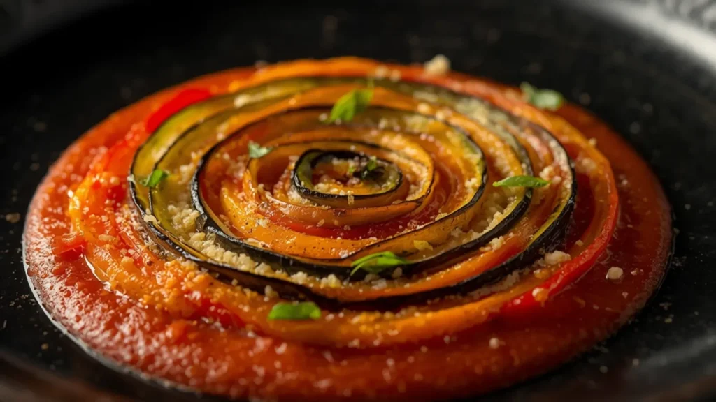 Ratatouille: Vibrant one-pan Ratatouille with eggplant and zucchini in a skillet.