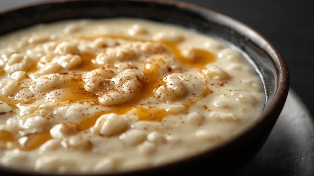 Rice Pudding: Creamy no-bake Rice Pudding dessert in a bowl with cinnamon garnish.