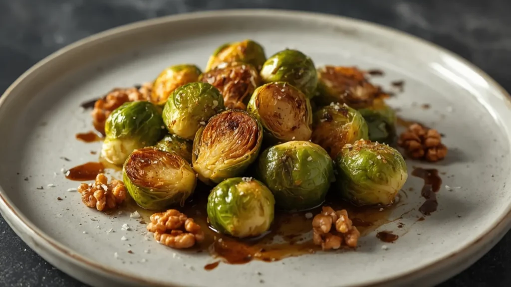 Roasted Brussels Sprouts: Golden crispy roasted Brussels sprouts on a baking sheet with herbs.