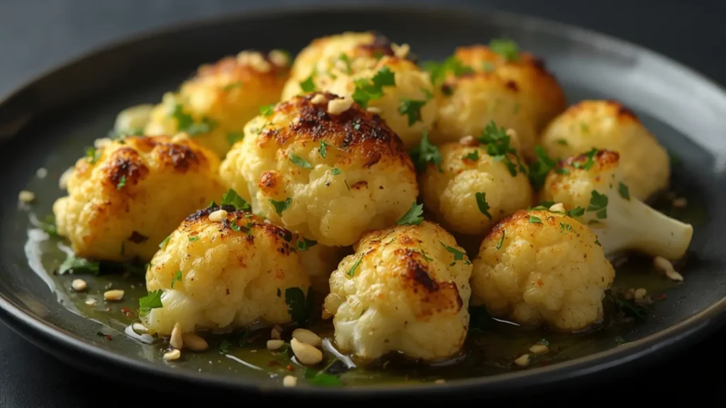 Roasted Cauliflower: Crispy golden Roasted Cauliflower florets served as a healthy vegetarian side dish.