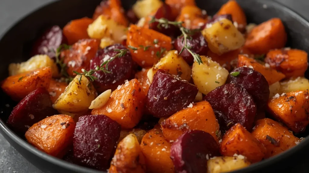 Roasted Root Vegetables: Golden roasted root vegetables with carrots and sweet potatoes on a platter.
