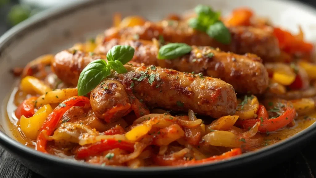 Sausage and Peppers: Golden brown sausage and colorful peppers sizzling in a cast-iron skillet, ready to serve.