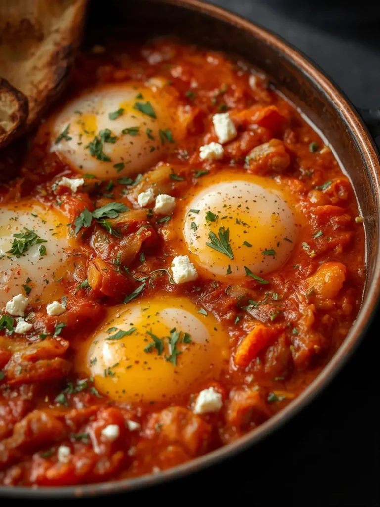 Golden-brown shakshuka eggs in rich tomato sauce with feta and herbs in a cast iron skillet