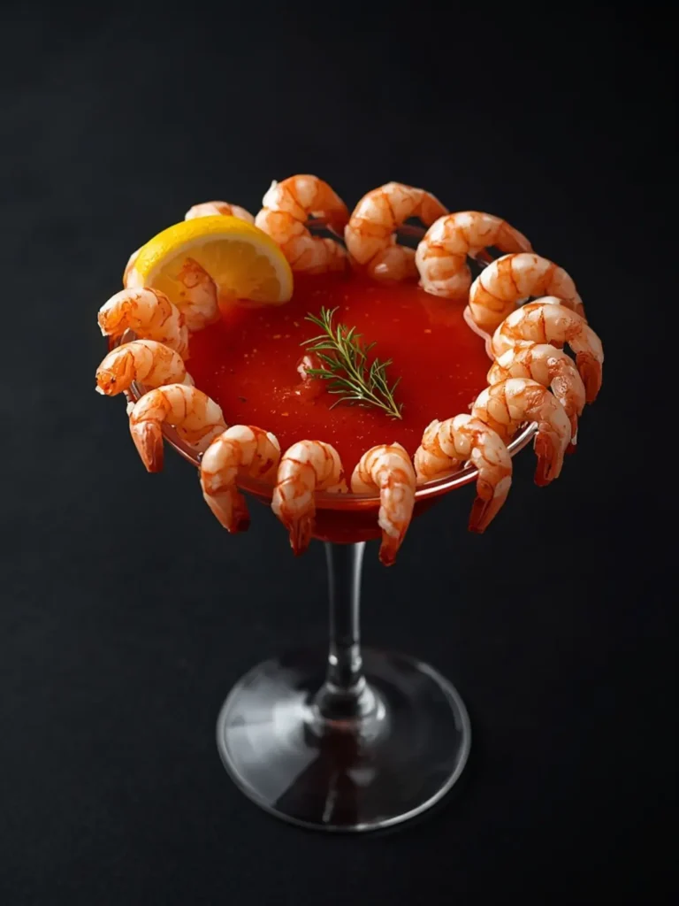 Classic pink shrimp cocktail arranged on a silver platter with a small bowl of red cocktail sauce and fresh lemon wedges, perfect for Appetizers & Party Food.