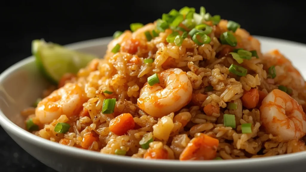 Shrimp Fried Rice: Crispy golden shrimp fried rice in a black wok with colorful vegetables and pink shrimp