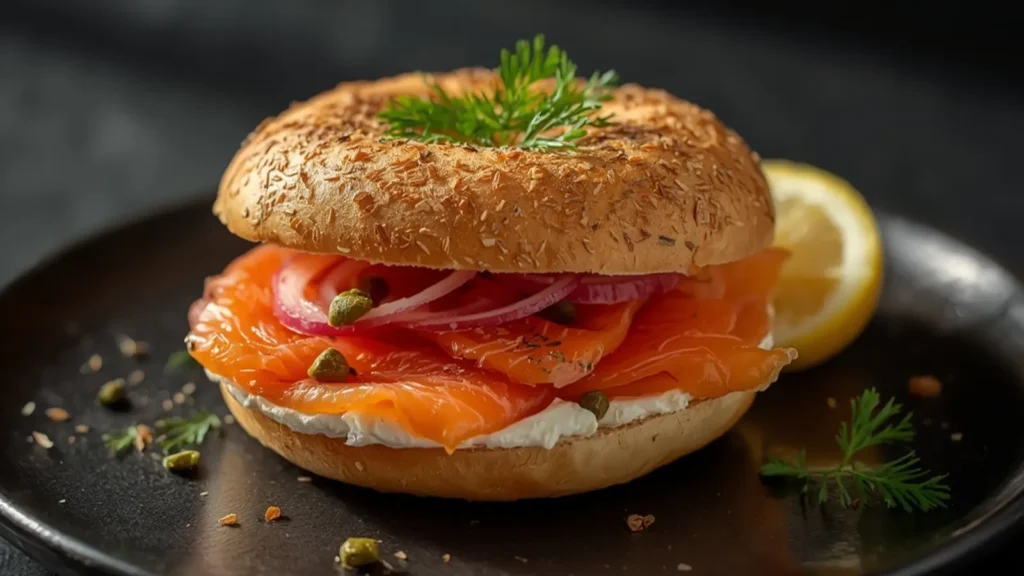 Smoked Salmon Bagel: Perfectly layered Smoked Salmon Bagel with cream cheese and fresh dill on a wooden board.