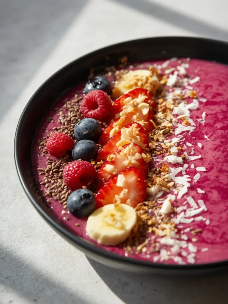 Vibrant thick berry smoothie bowl with fresh fruit and granola toppings on a rustic table.
