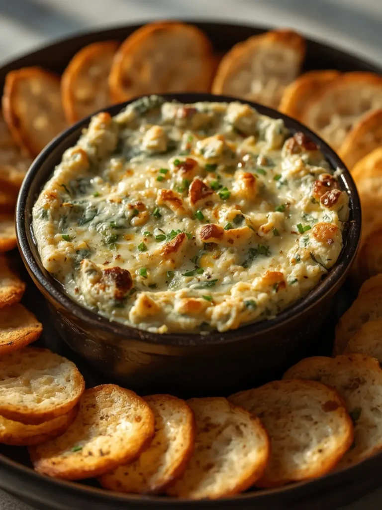 Golden-brown baked spinach artichoke dip in a ceramic dish with melted cheese and crispy edges, served with tortilla chips.