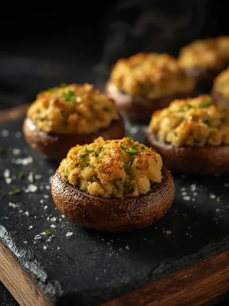 Golden-brown baked stuffed mushrooms with melted parmesan topping and green parsley on a rustic wooden board, appetizer serving.