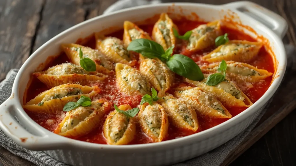 Stuffed Shells: Baked jumbo pasta shells stuffed with creamy ricotta cheese and topped with marinara sauce.