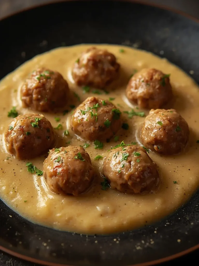 Golden Swedish meatballs in creamy sauce garnished with fresh parsley on a rustic plate, perfect for Appetizers & Party Food.