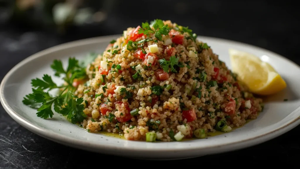 Tabbouleh: Fresh herb Tabbouleh salad with tomatoes and bulgur wheat in a rustic bowl.