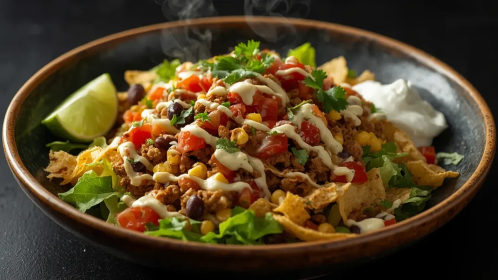 Taco Salad: Crispy Taco Salad with ground beef, lettuce, cheese, and chips in a bowl.