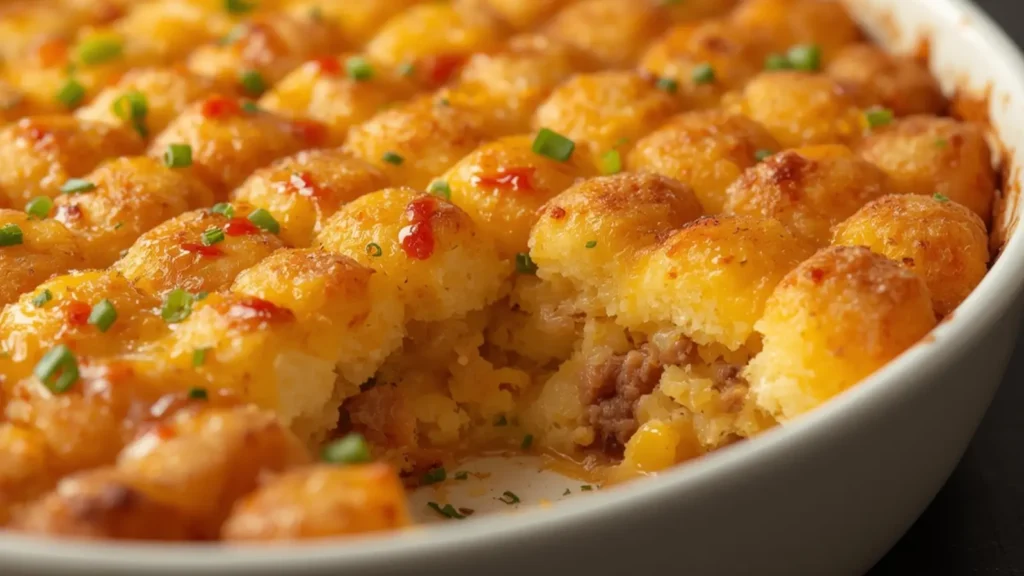 Tater Tot Breakfast Bake: Golden crispy Tater Tot Breakfast Bake with sausage and melted cheese in a baking dish.