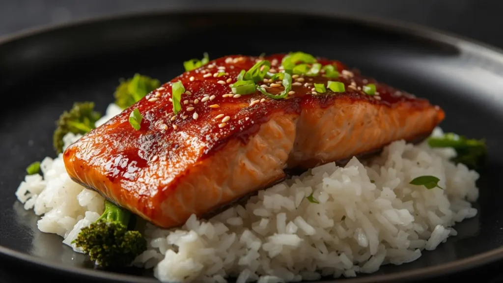 Teriyaki Salmon: Crispy skinned Teriyaki Salmon fillets glazed in sticky sauce ready to serve.