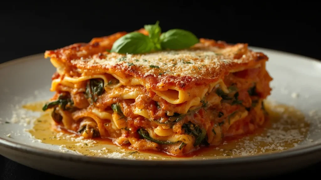 Vegetable Lasagna: Creamy Vegetable Lasagna fresh from the oven with melted cheese and roasted veggies.