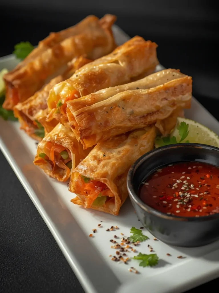 Golden brown crispy vegetable spring rolls with a flaky texture, served with a dark dipping sauce on a rustic plate, perfect party appetizer