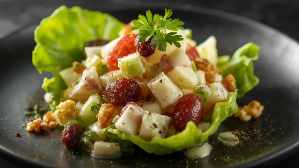 Waldorf Salad: Crisp apple and walnut Waldorf Salad in a creamy dressing, ready to eat.