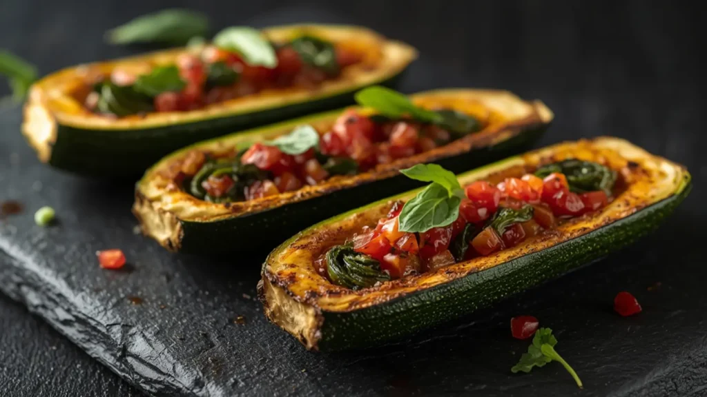 Zucchini Boats: Golden baked Zucchini Boats stuffed with meat sauce and melted cheese on a baking sheet.