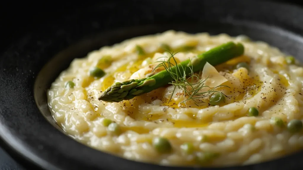 Asparagus Risotto: Creamy Asparagus Risotto garnished with Parmesan in a bowl, perfect for Holiday & Seasonal meals.
